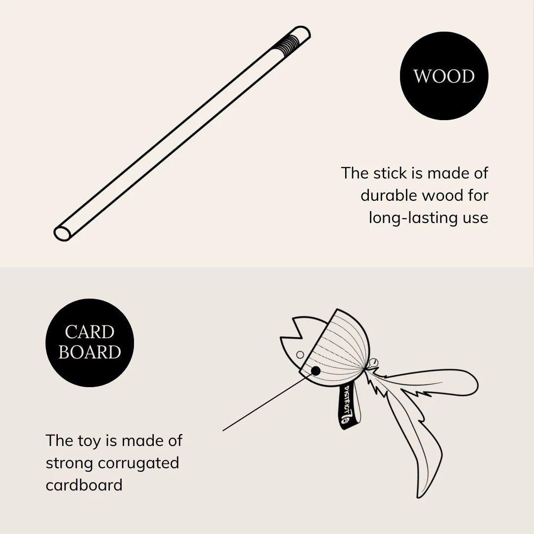 la bacchetta bait è costituita da legno resistente e il pesce giocattolo da cartone ondulato con piume e campanellino