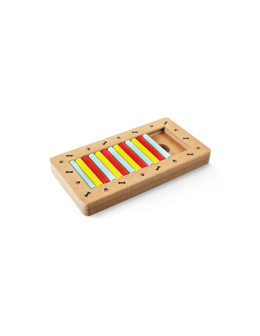 gioco di attivazione mentale per cani in legno di forma rettangolare con cilindri colorati