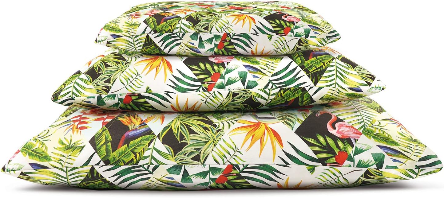 Vista laterale del set Cuscino Jungle Diamond morbido per cani e gatti Dettaglio tessuto Cuscino Jungle Diamond con stampa digitale tropicale