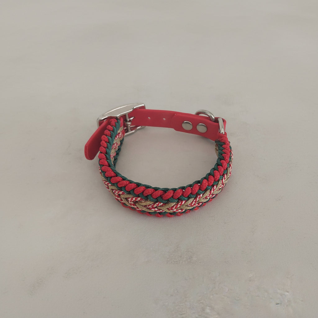 Collare Bosco Alpino made in Italy artigianale rosso verde bianco e oro in paracord con adattatore in biothane regolabile disponibile in varie misure made in Italy artigianale