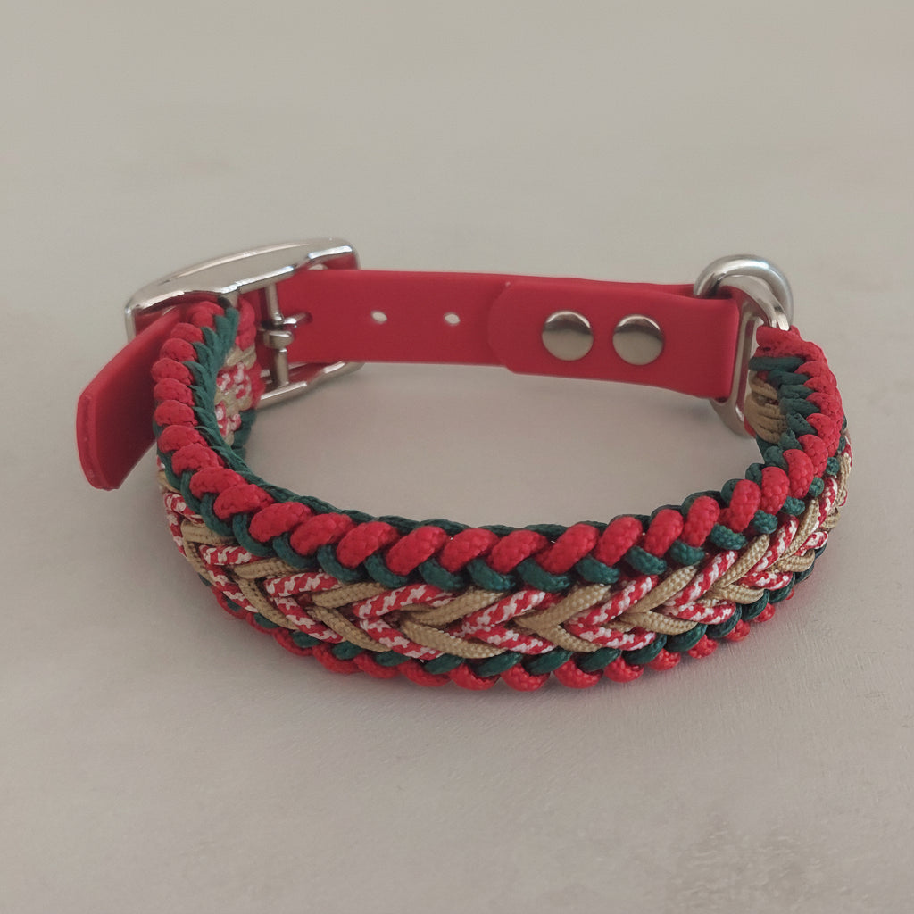 Collare Bosco Alpino made in Italy artigianale rosso verde bianco e oro in paracord con adattatore in biothane regolabile disponibile in varie misure