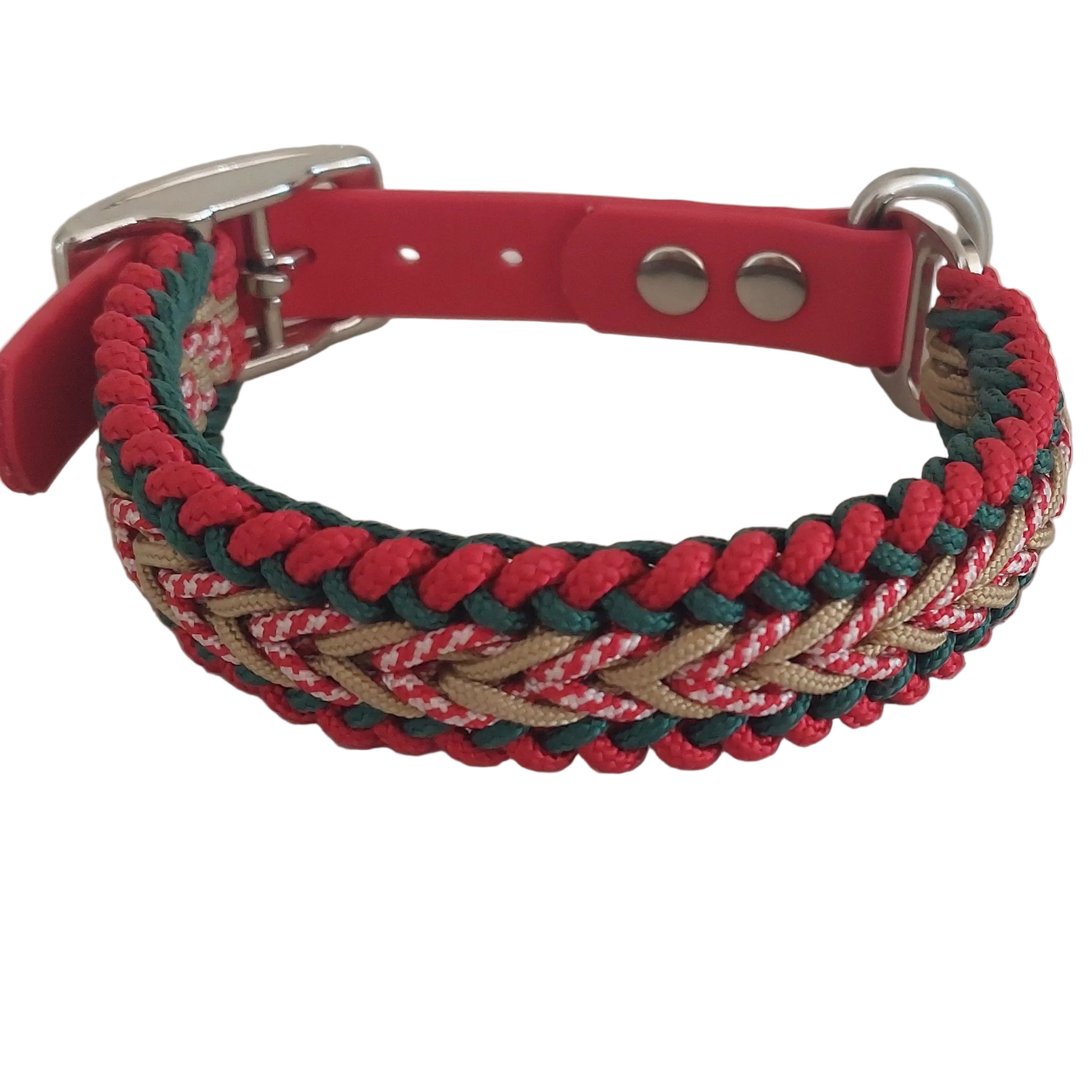 Collare Bosco Alpino made in Italy artigianale rosso verde bianco e oro in paracord con adattatore in biothane regolabile disponibile in varie misure prodotto da zekyshop
