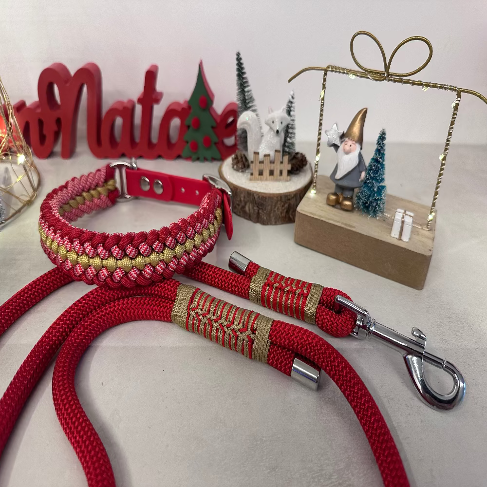 Set natalizio guinzaglio rosso Isa abbinato al suo collare cordinato chic per Natale per cani di taglia piccola e media regalo perfatto per natae