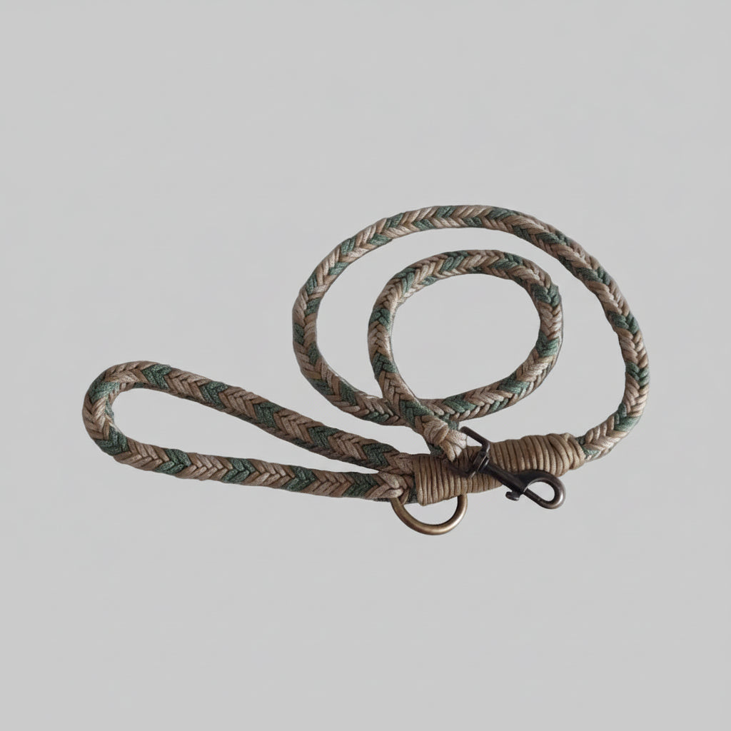 Guinzaglio Bosco Incantato Verde realizzato artigianalmente in Italia intrecciato a mano con paracord colorato e moschettone in oro anticato
