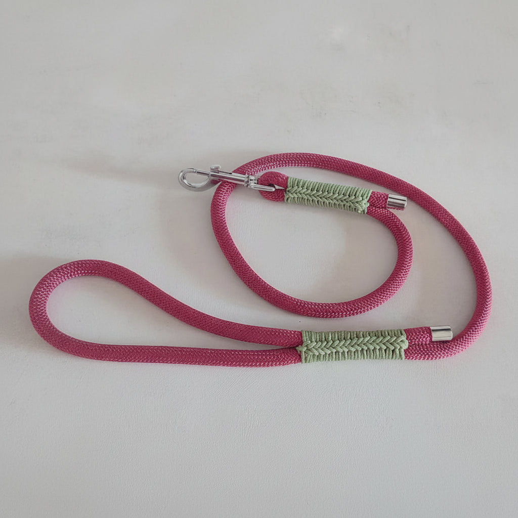 Guinzaglio Isa Rosa realizzato artigianalmente in Italia in Paracord rosa e dettagli intrecciai in paracord verde
