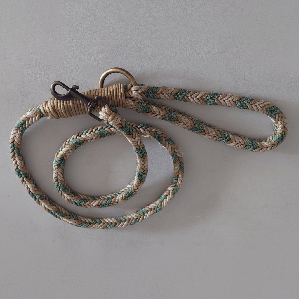 Guinzaglio bosco incantato verde realizzato artigianalmente con intrecci di varie colorazioni per passeggiate moderne