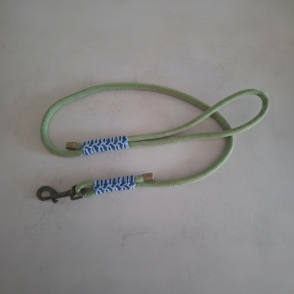 Guinzaglio isa verde chiaro realizzato a mano in italia con dettagli intrecciati in paracord blu marini e polare