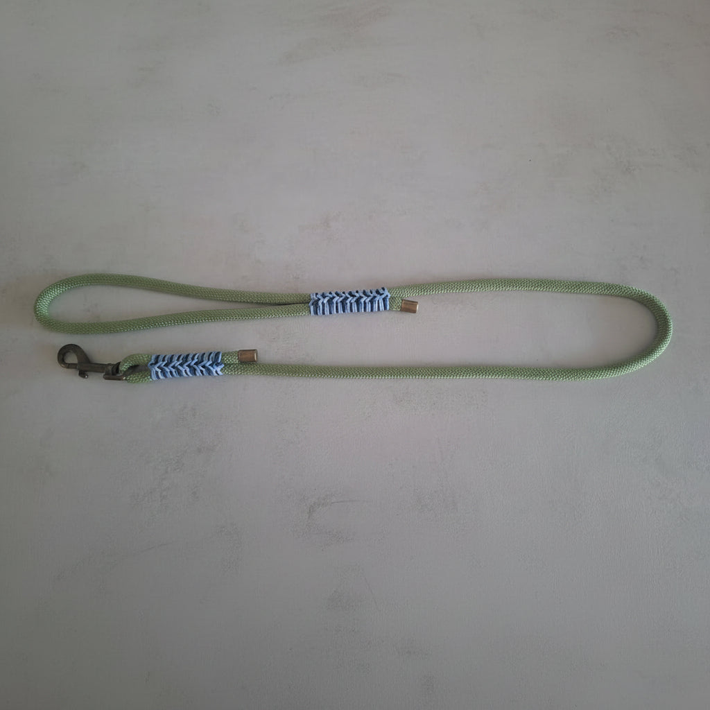 Guinzaglio isa verde chiaro della linea isabella di zeky shop realizzato a mano con dettagli intrecciati in paracord
