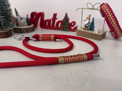 dettaglio della decorazione del guinzaglio Isa rosso con treccia oro e rosso della collezione stella di natale made in italy di artigianale zekyshop