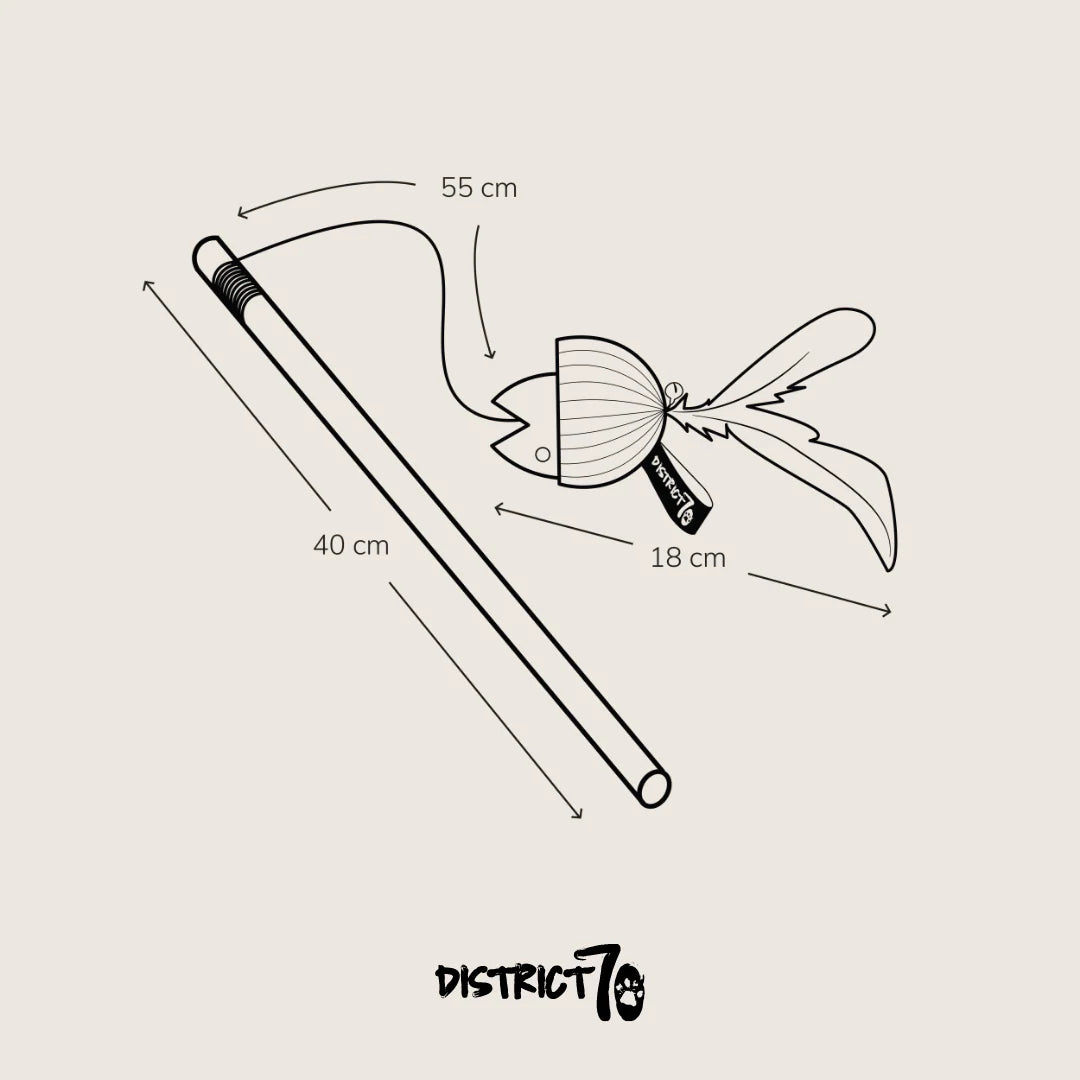 immagine con dettaglio delle misure della bacchetta bait. bastoncino da 40cm cordino da 55cm e pesce in cartone con piume lungo 18cm
