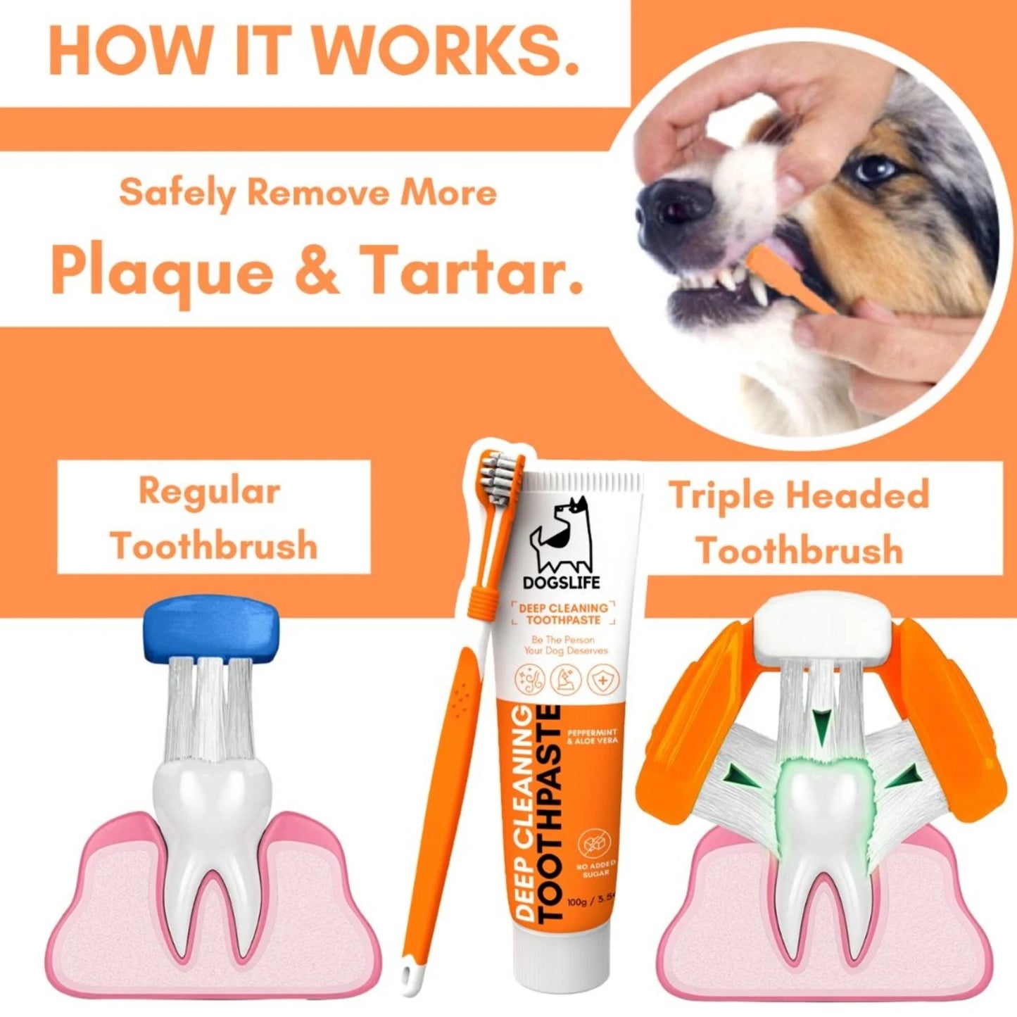 dogs life kit dentale cani igiene orale Mantieni l’alito fresco e denti sani con dentifricio naturale all'aloe vera, menta piperita e spazzolino triplo elimina placca e tartaro