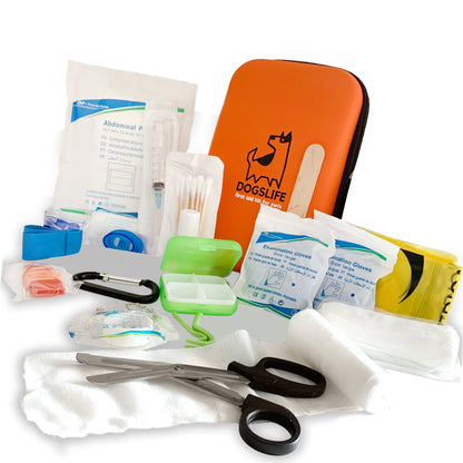 Kit di emergenza completo per cani contenuto del kit : garze cerotti sacchetti guanti pinze e molti altri accessori utili per il primo soccorso