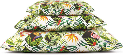 Vista laterale del set Cuscino Jungle Diamond morbido per cani e gatti Dettaglio tessuto Cuscino Jungle Diamond con stampa digitale tropicale