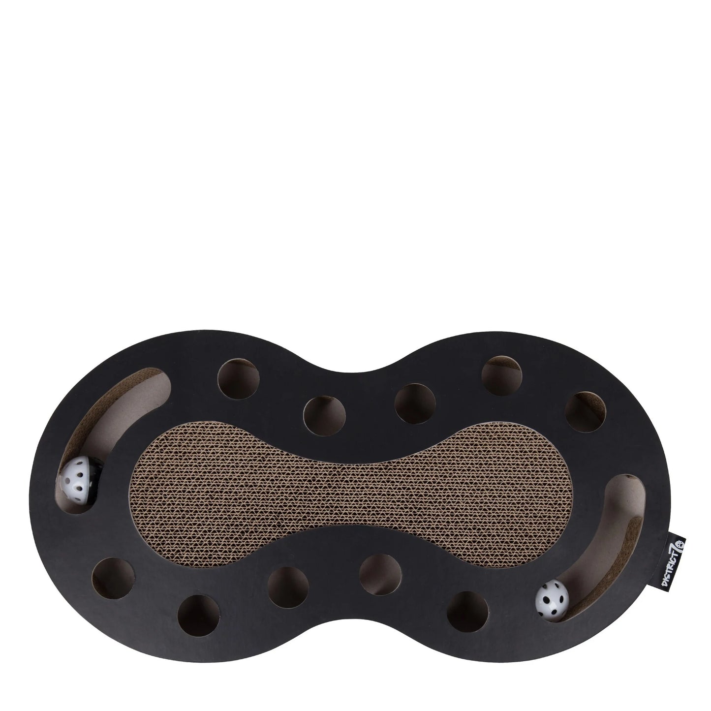 Accessorio elegante per gatti – tiragraffi Snake- vista dall'alto, con tiragraffi in cartone ondulato centrale e fori per rincorrere le palline lungo il percorso