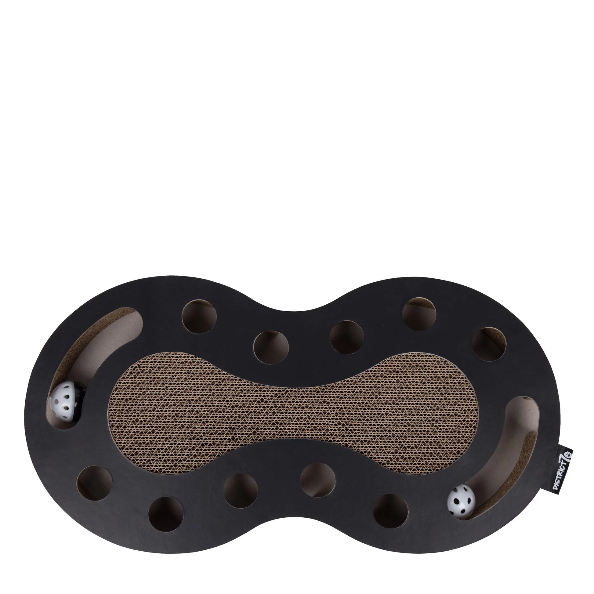 Accessorio elegante per gatti – tiragraffi Snake- vista dall'alto, con tiragraffi in cartone ondulato centrale e fori per rincorrere le palline lungo il percorso