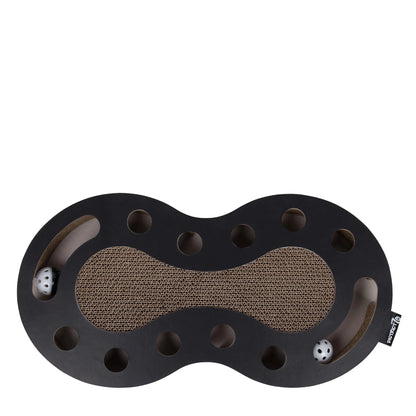 Accessorio elegante per gatti – tiragraffi Snake- vista dall'alto, con tiragraffi in cartone ondulato centrale e fori per rincorrere le palline lungo il percorso