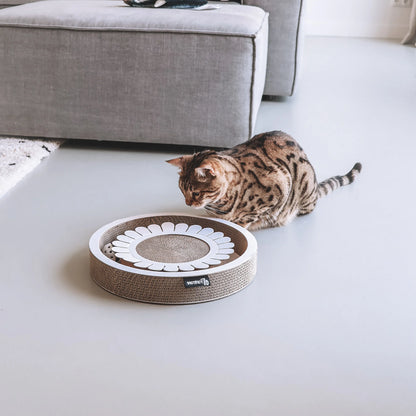 Tiragraffi Bloom bianco gioco interattivo e tiragraffi per gatti in cartone resistente a forma di fiore con palline e campanelline con gatto che gioca