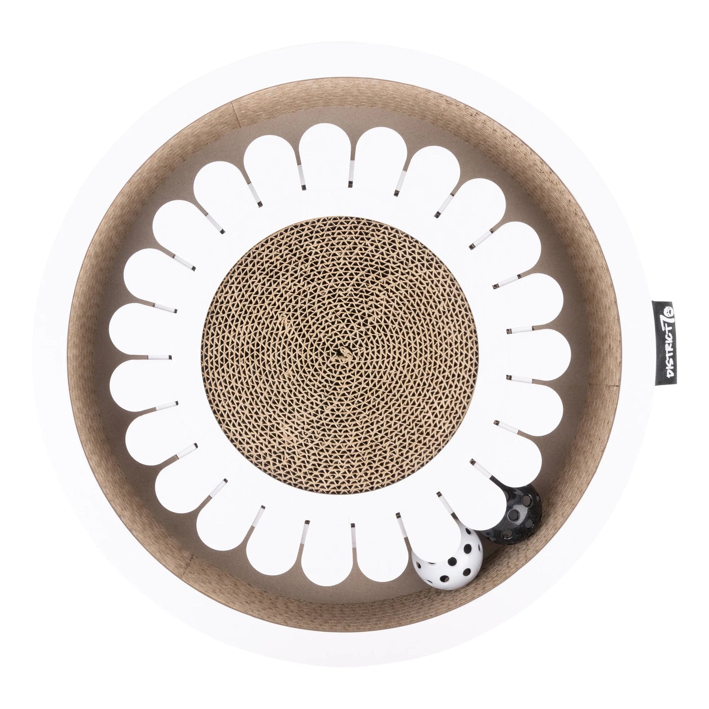 Tiragraffi Bloom bianco gioco interattivo e tiragraffi per gatti in cartone resistente a forma di fiore con palline e campanelline