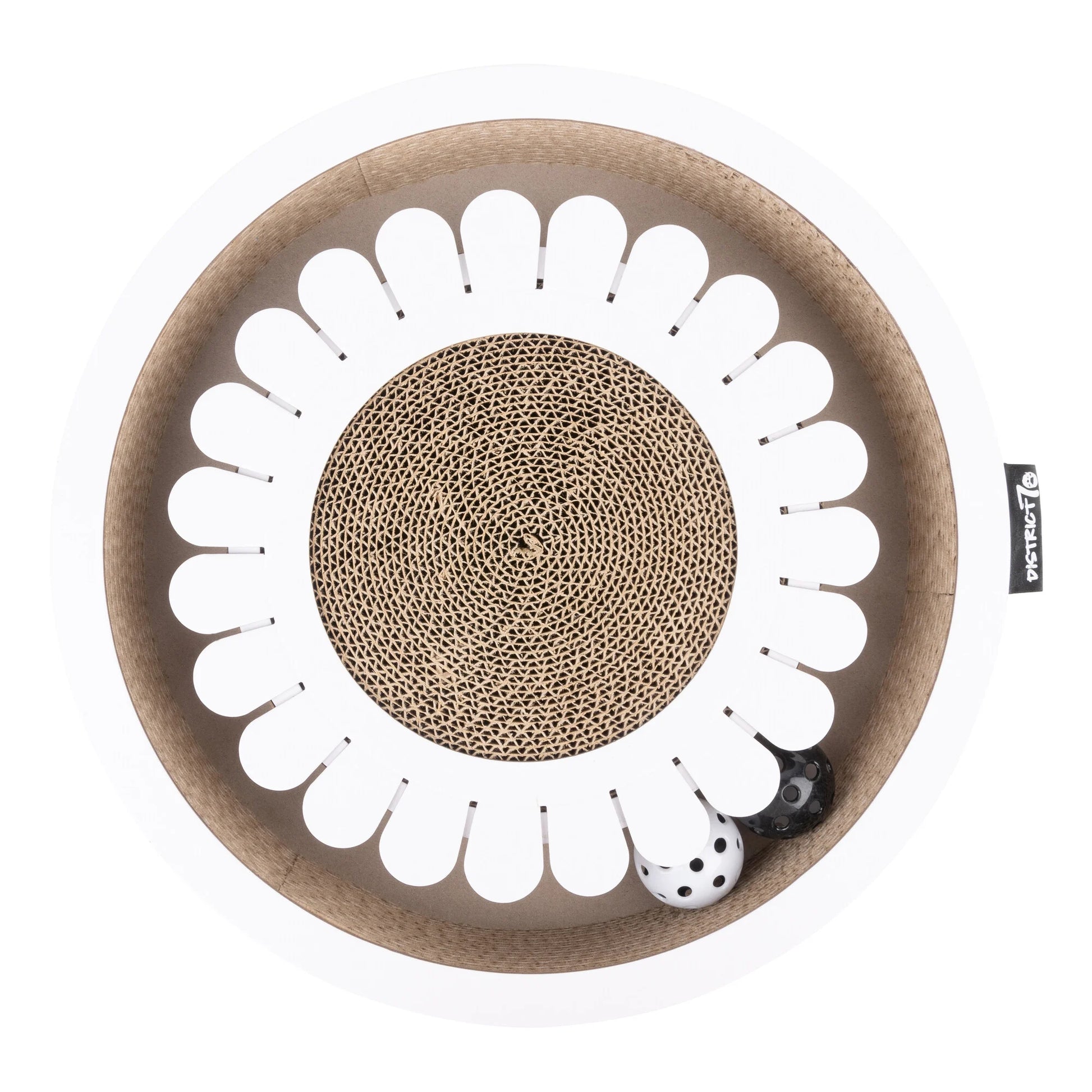 Tiragraffi Bloom bianco gioco interattivo e tiragraffi per gatti in cartone resistente a forma di fiore con palline e campanelline