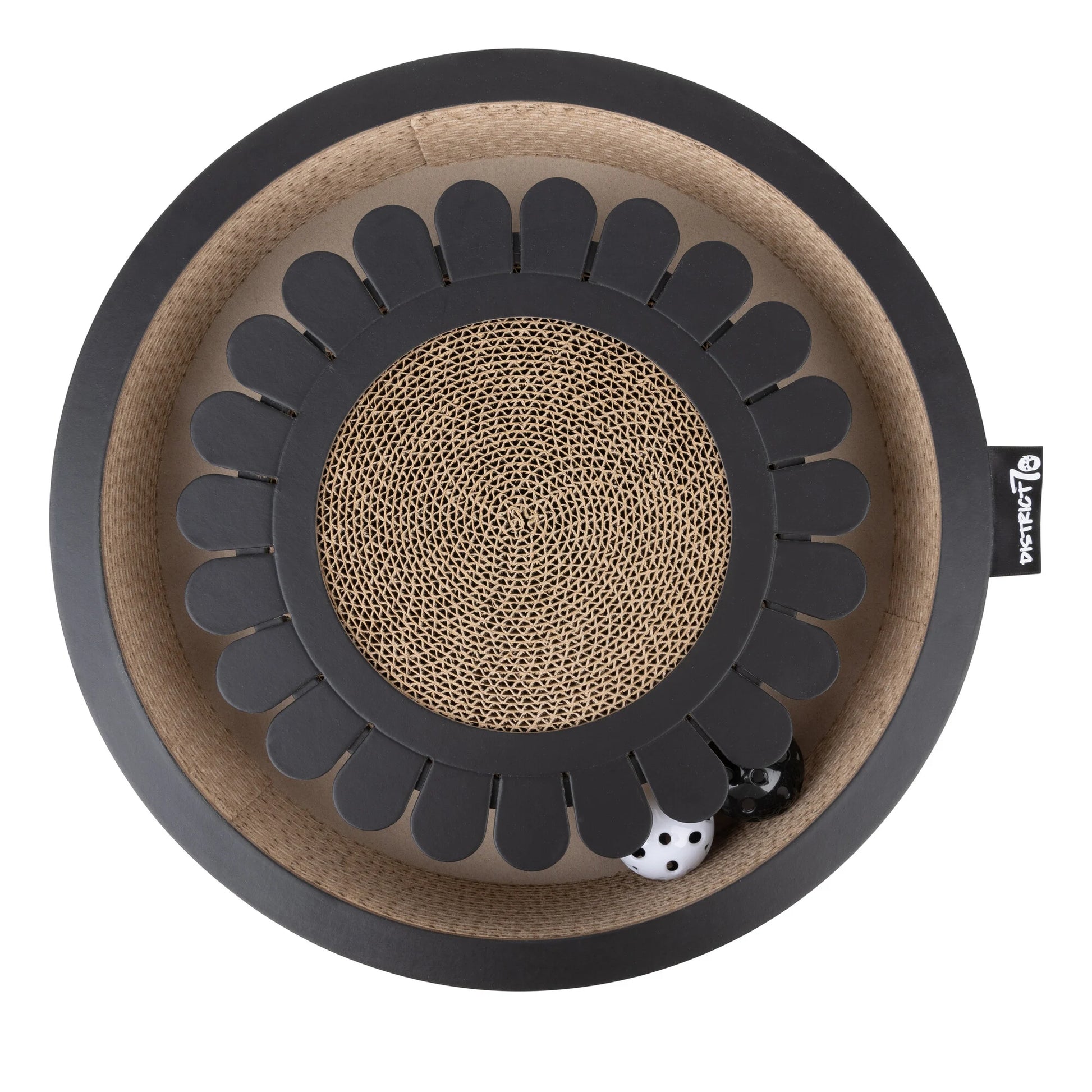 Tiragraffi Bloom nero gioco interattivo e tiragraffi per gatti in cartone resistente a forma di fiore con palline e campanelline