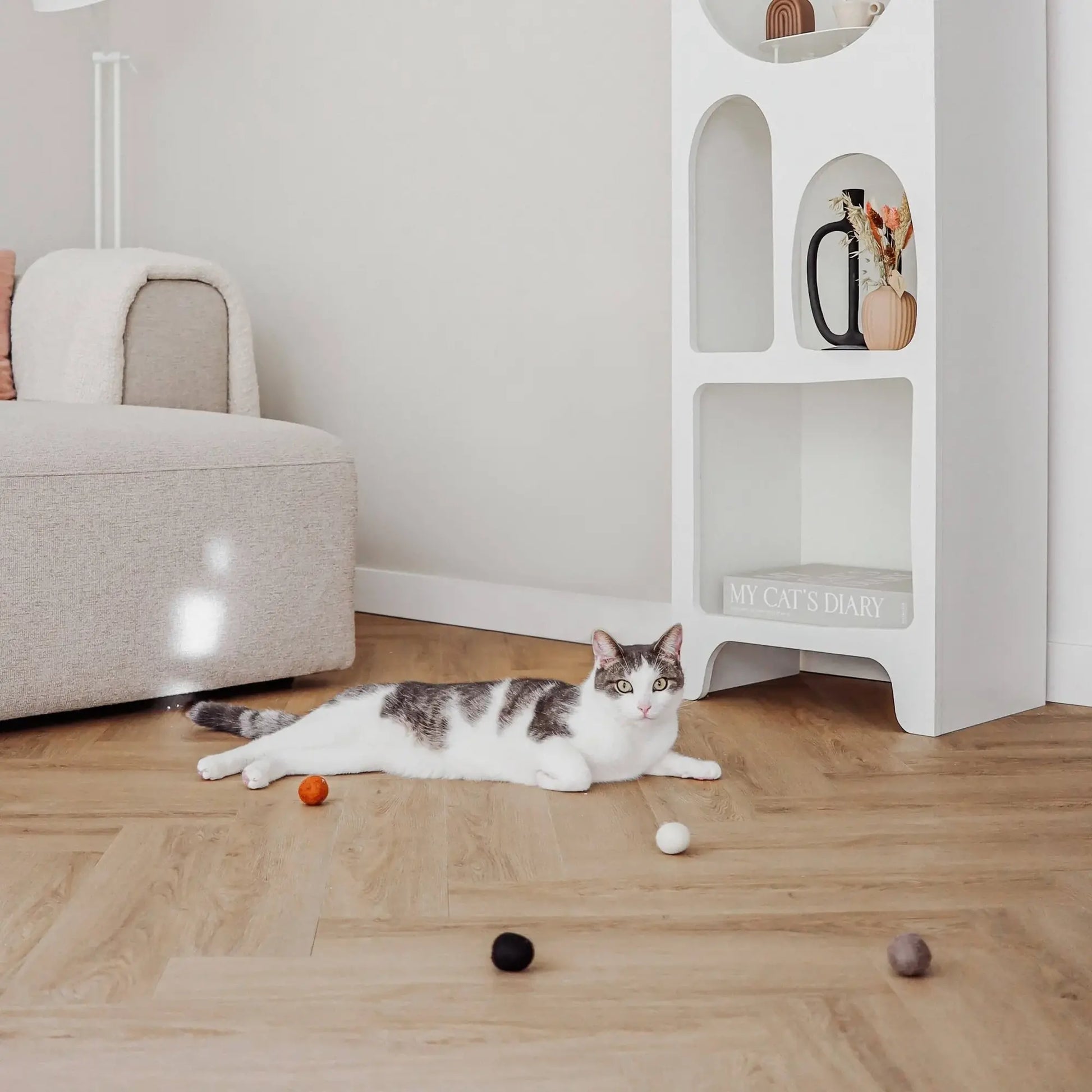 Gatto che gioca con le palline in feltro naturale leggere e colorate Accessori ecologici per gatti WoolPlay pure